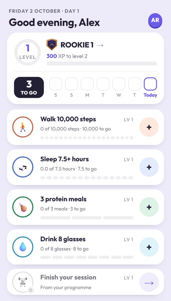 The Today screen of AA Proof: four habits, steps, sleep, protein and water, each with a ring and a plus button, and a level at the top.