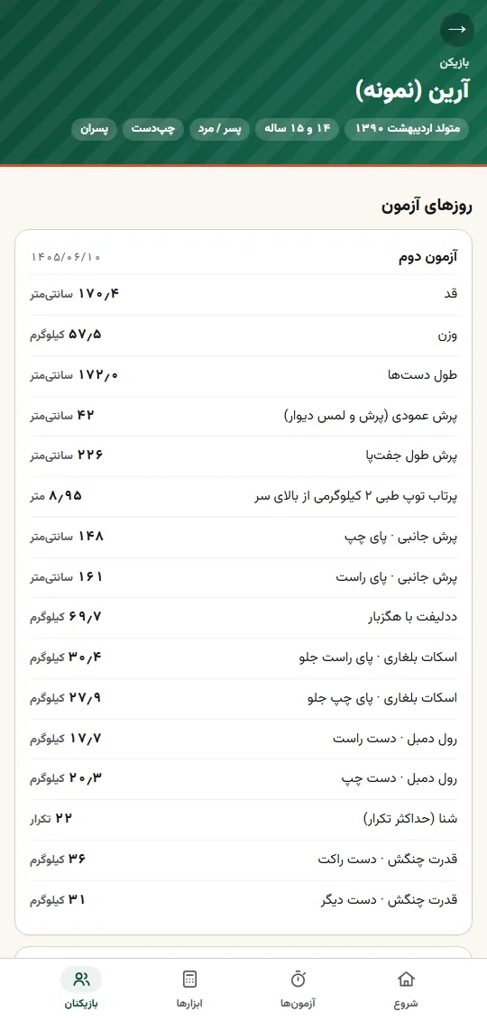 صفحهی یک بازیکن در اپ، با نتیجههای یک روزِ آزمون